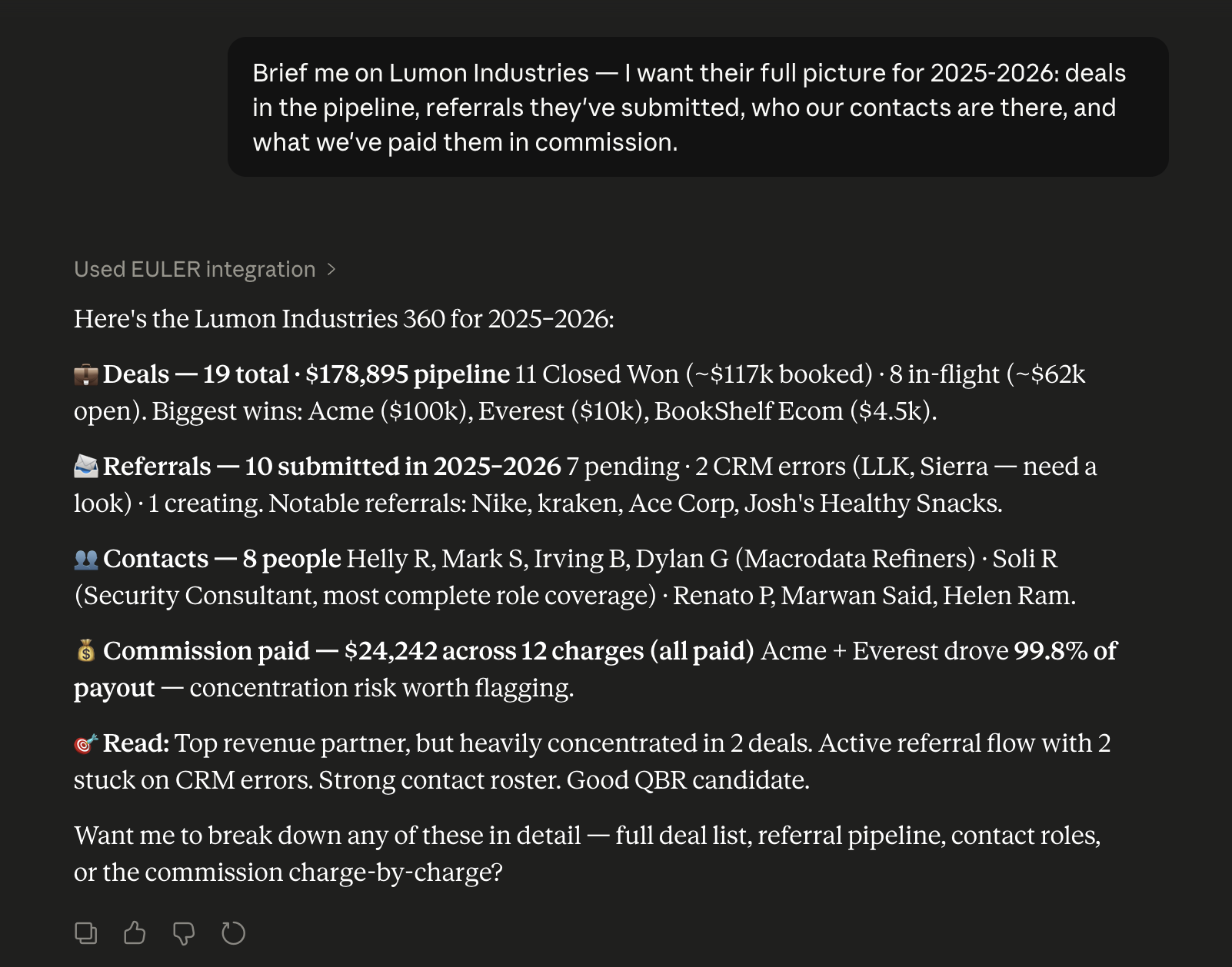 Claude.ai response titled 'Here's the Lumon Industries 360 for 2025-2026' with sections for Deals, Referrals, Contacts, Commission paid, and a Read summary.