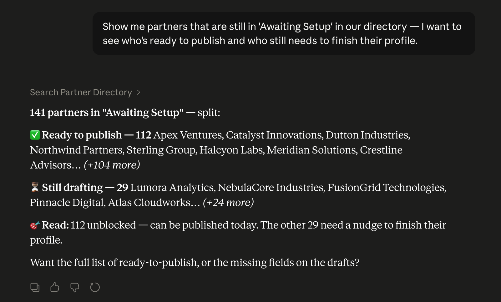 Claude.ai response showing 141 partners in 'Awaiting Setup', split into 112 Ready to publish and 29 Still drafting, with sample partner names.