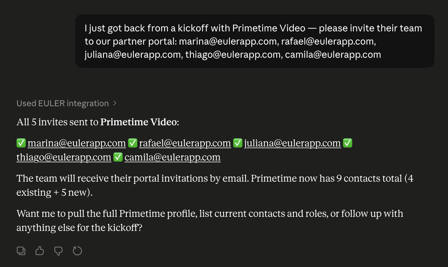 Claude.ai response confirming five portal invitations were sent to Primetime Video contacts — marina, rafael, juliana, thiago and camila — each with a green check.