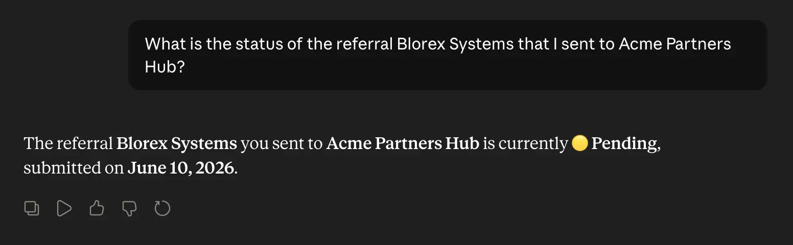 Claude.ai response stating the referral for Blorex Systems sent to Acme Partners Hub is currently Pending, submitted on June 10, 2026.
