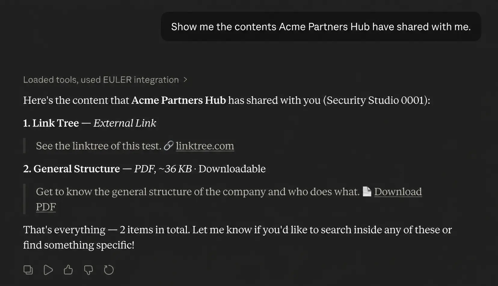 Claude.ai response listing 2 items shared by Acme Partners Hub: a Link Tree external link and a General Structure PDF with a direct Download PDF link.