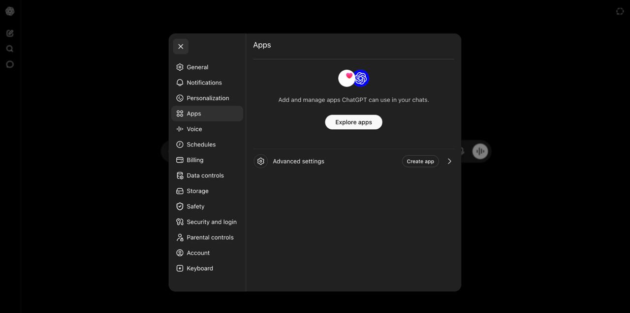 ChatGPT Settings showing the Apps section with Advanced settings and Create app at the bottom