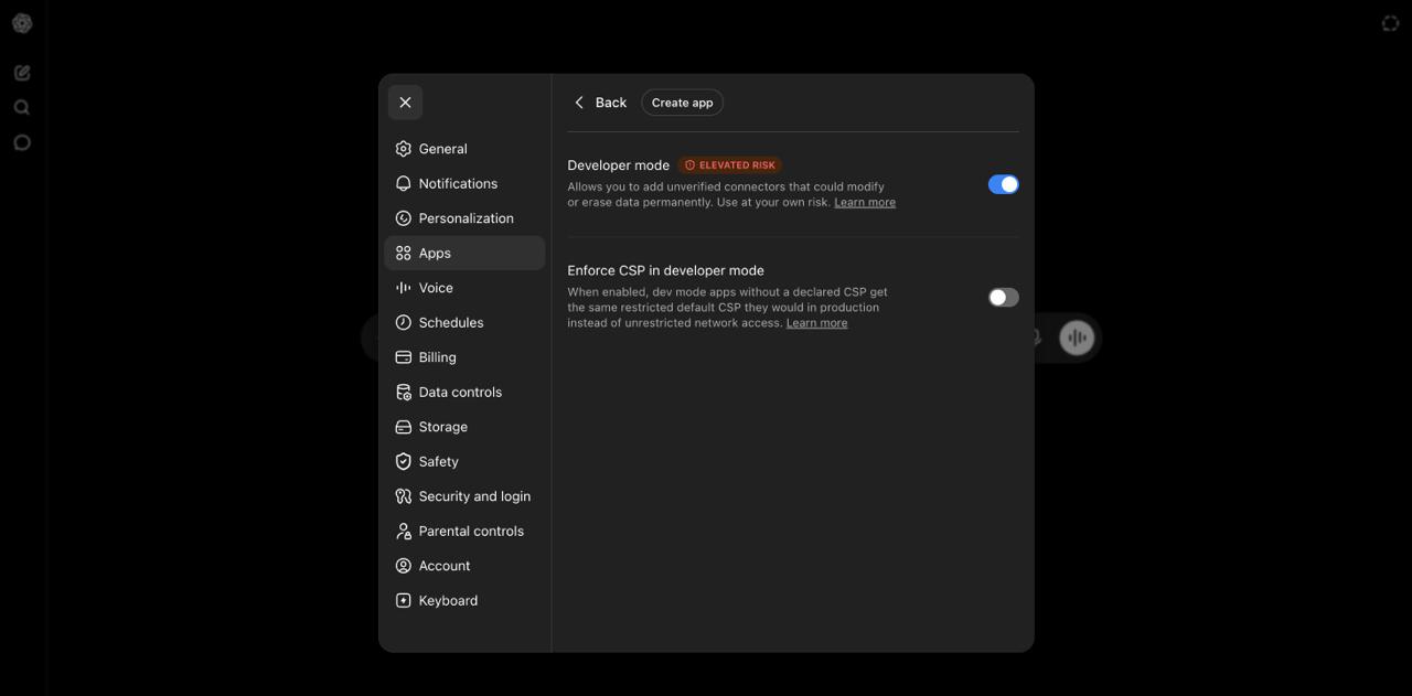 ChatGPT Advanced settings showing the Developer mode toggle turned on with an Elevated Risk label