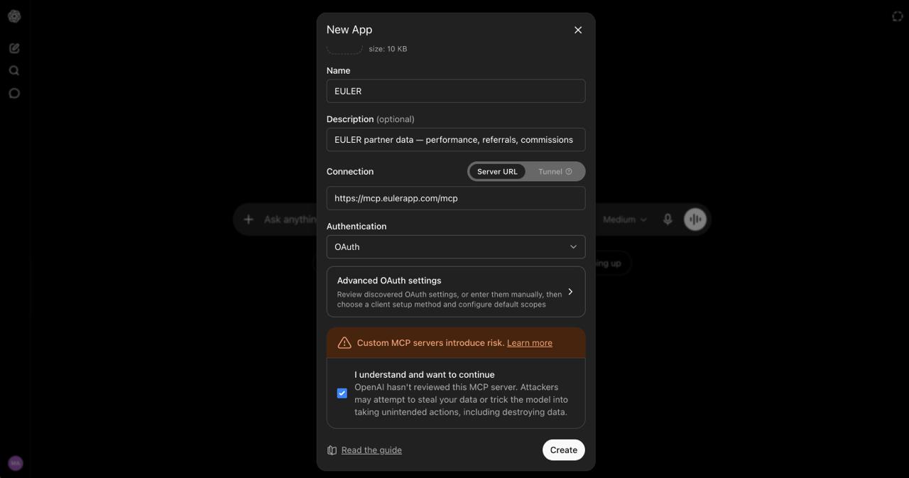 ChatGPT New App dialog with EULER as the name, the MCP URL entered under Connection, and Authentication showing OAuth