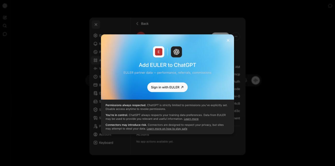 ChatGPT popup titled Add EULER to ChatGPT with a Sign in with EULER button