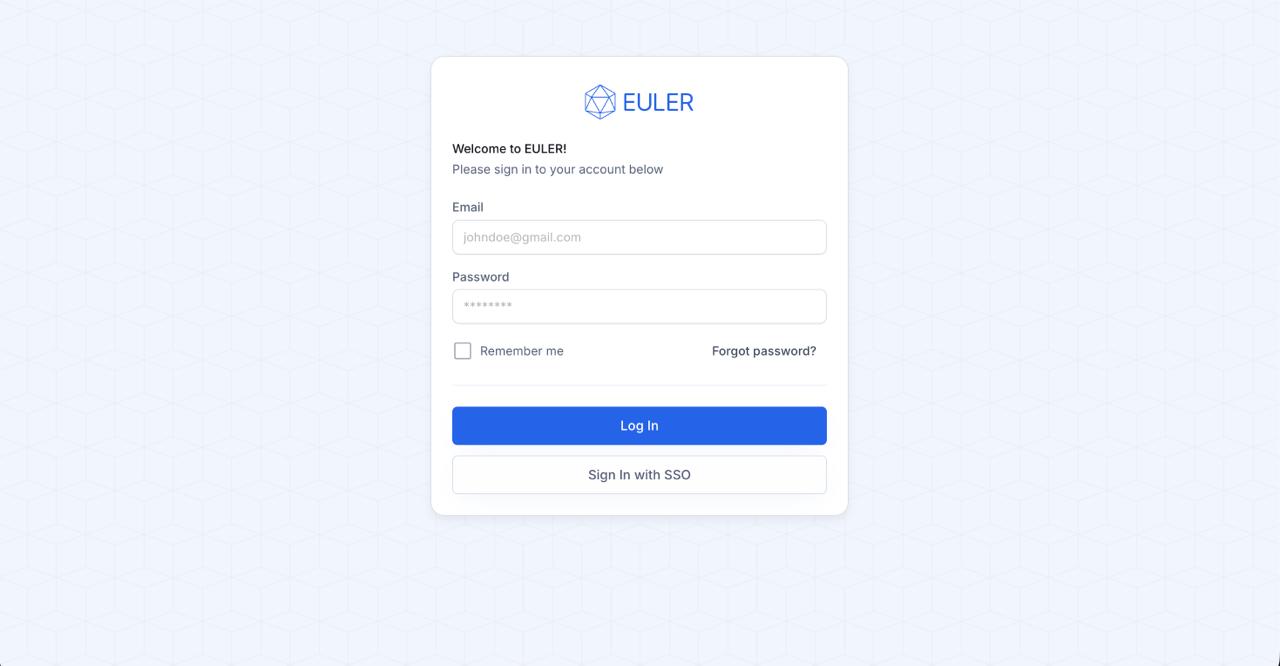EULER login page showing email and password fields with a Log In button