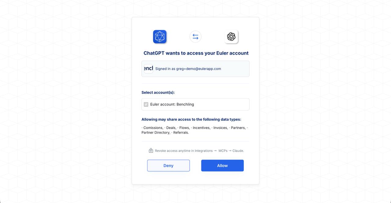 EULER consent page saying ChatGPT wants to access your Euler account, with a list of accounts to select and Allow and Deny buttons