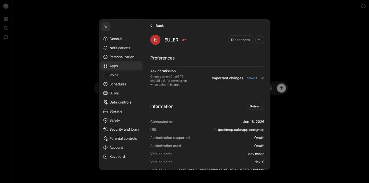 ChatGPT Settings Apps section showing EULER as connected with a Disconnect button and OAuth authorization details