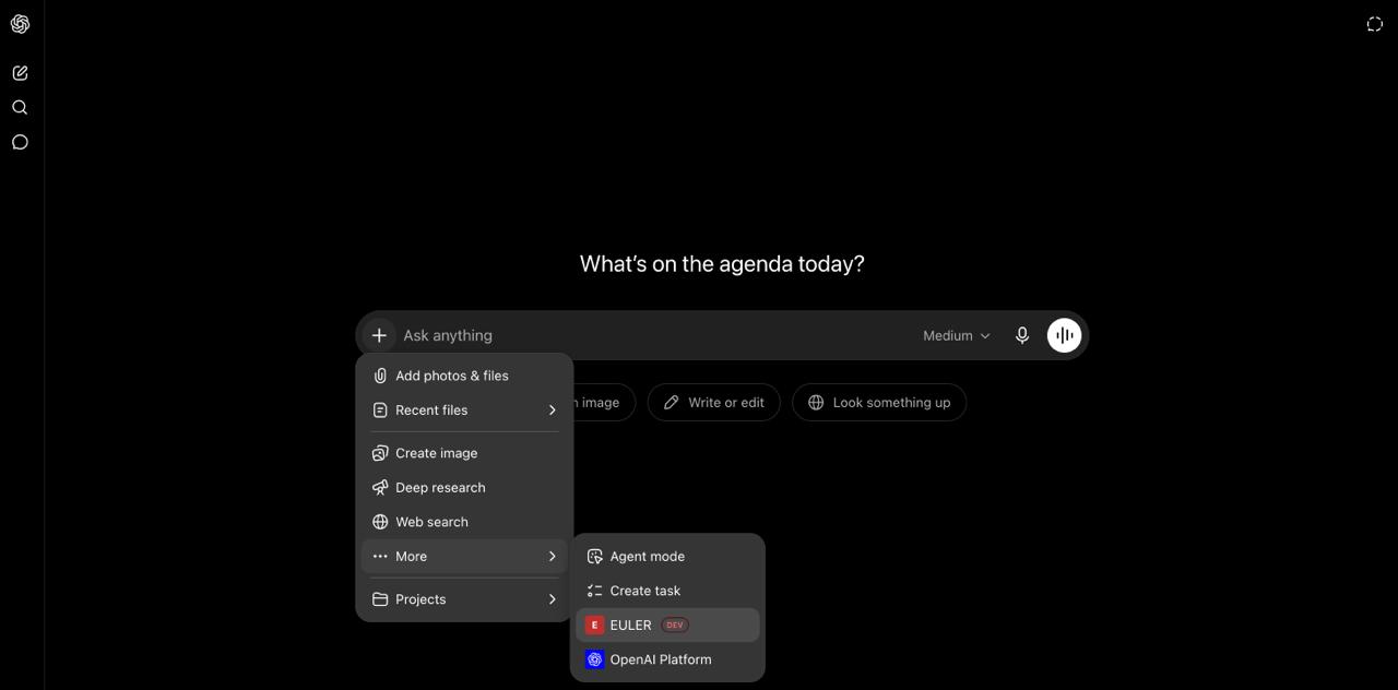 ChatGPT message input + menu open, with More expanded showing EULER in the submenu