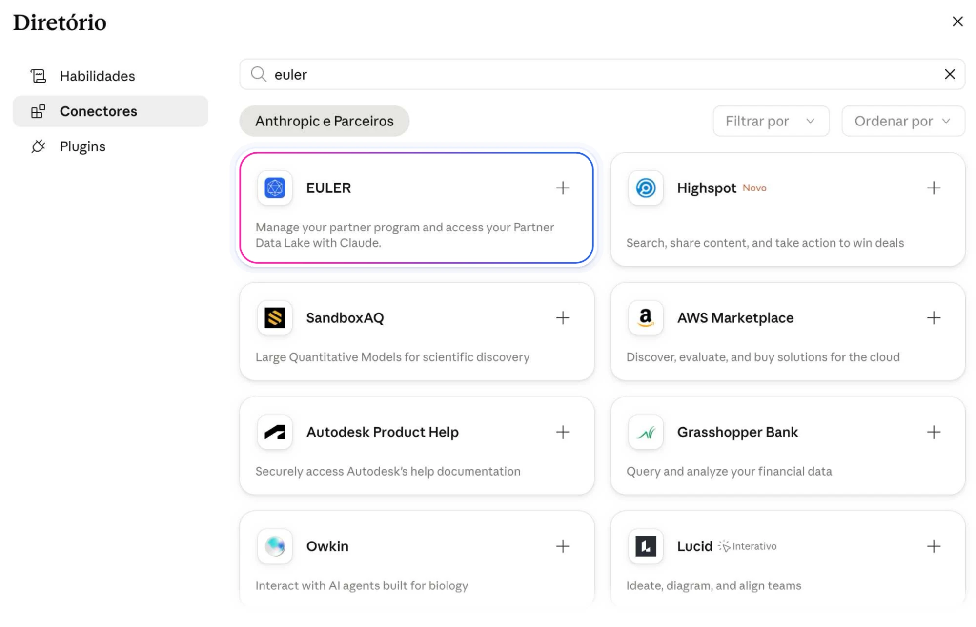 Claude's connector directory filtered to Anthropic & Partners, with the EULER connector card highlighted and an Add (+) button