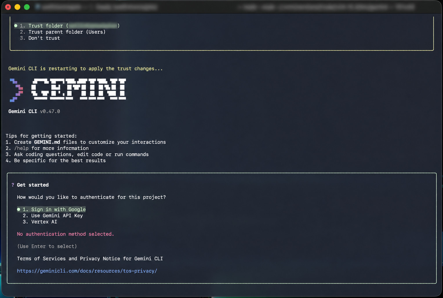 Gemini CLI showing a sign-in prompt with 'Sign in with Google' highlighted