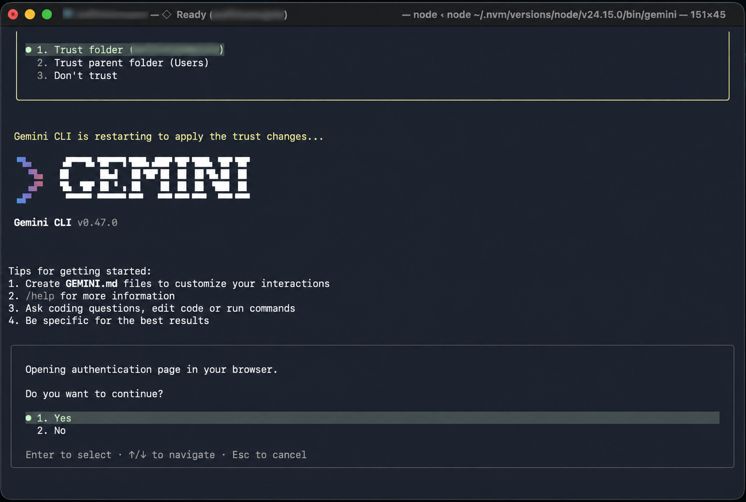 Terminal showing 'Authentication succeeded' and a prompt to restart Gemini CLI