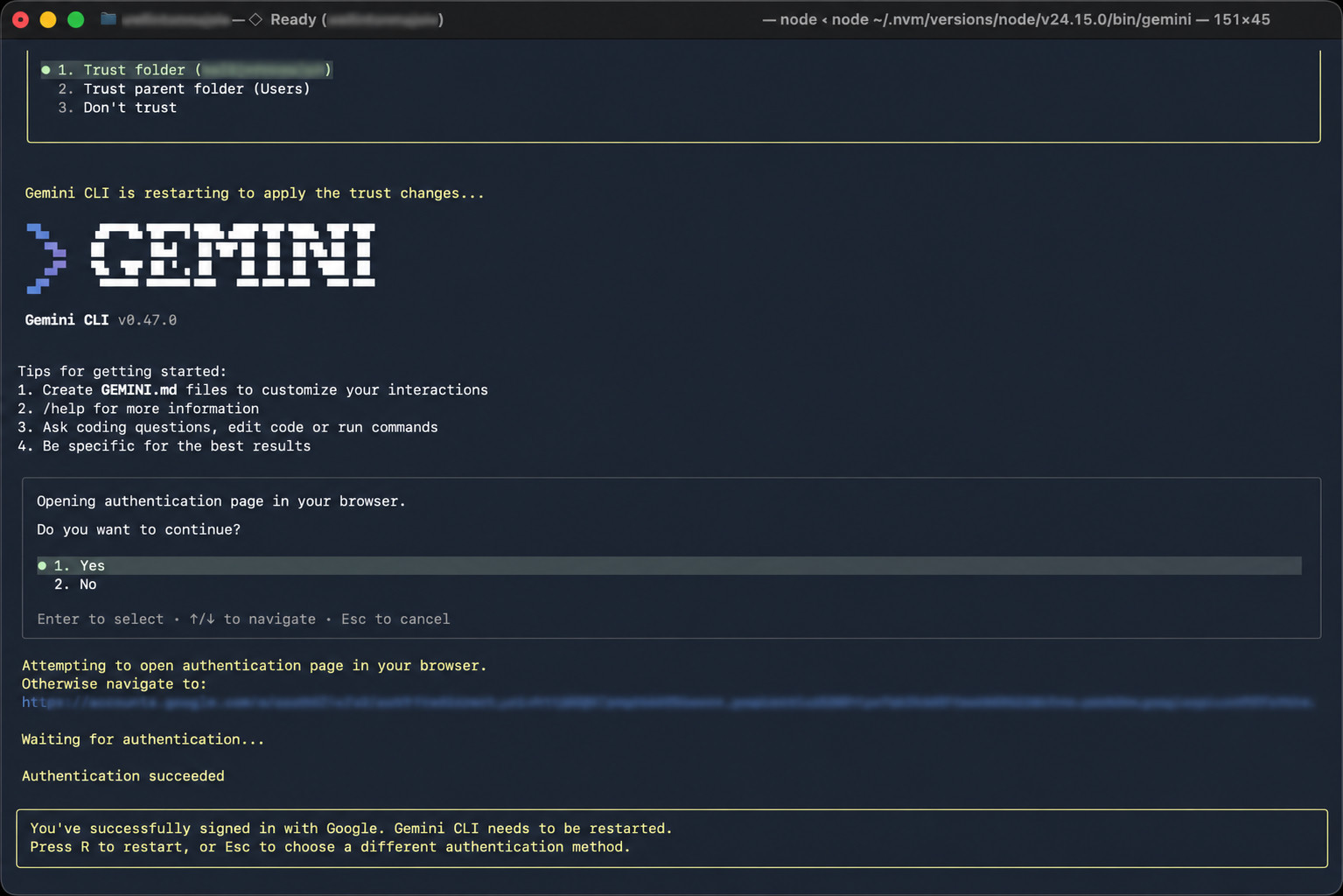 Gemini CLI interactive prompt showing signed in with Google account and ready for input