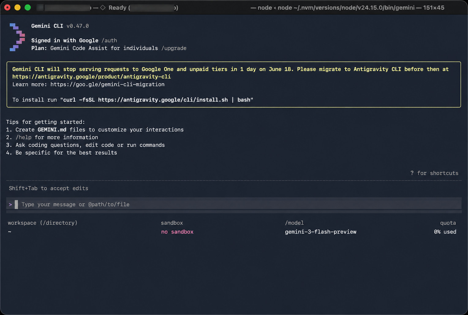 Gemini CLI terminal showing /quit command entered and Gemini CLI exiting
